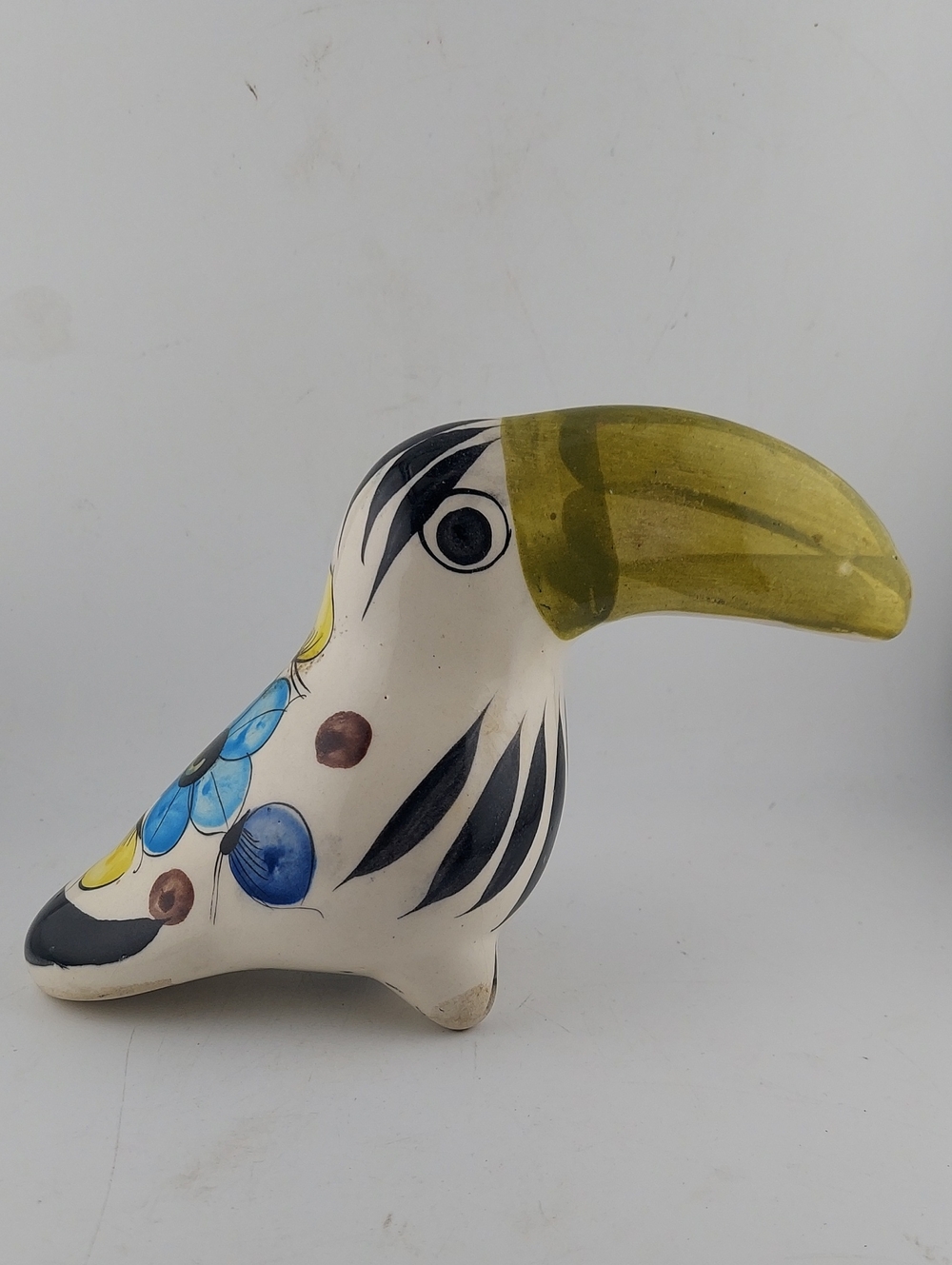 Mexican Ceramic Toucan Bird Figurine in White, Blue and Yellow